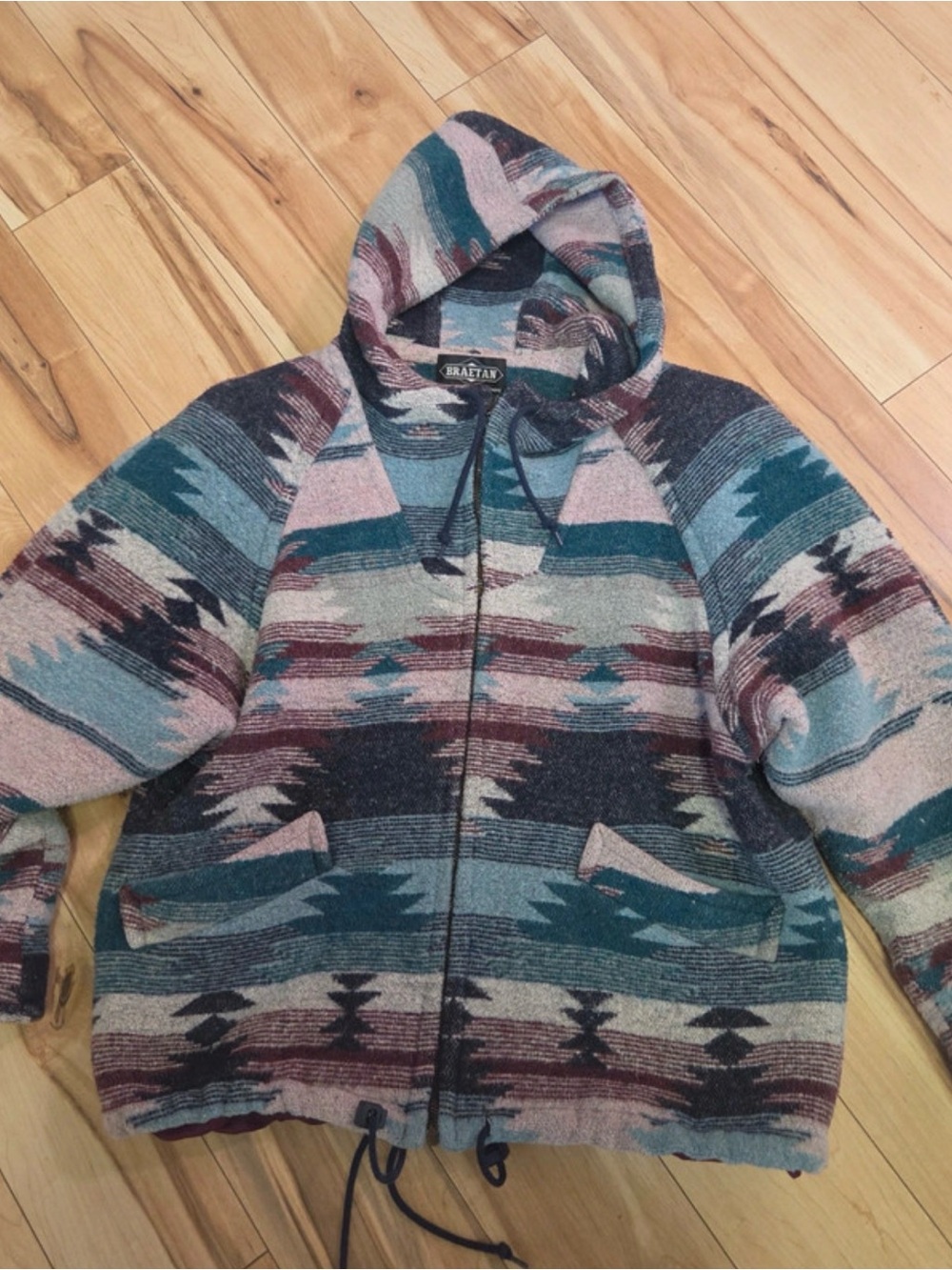 Vintage 90s Braetan Southwestern Aztec Blanket Jacket Hooded Boho Medium